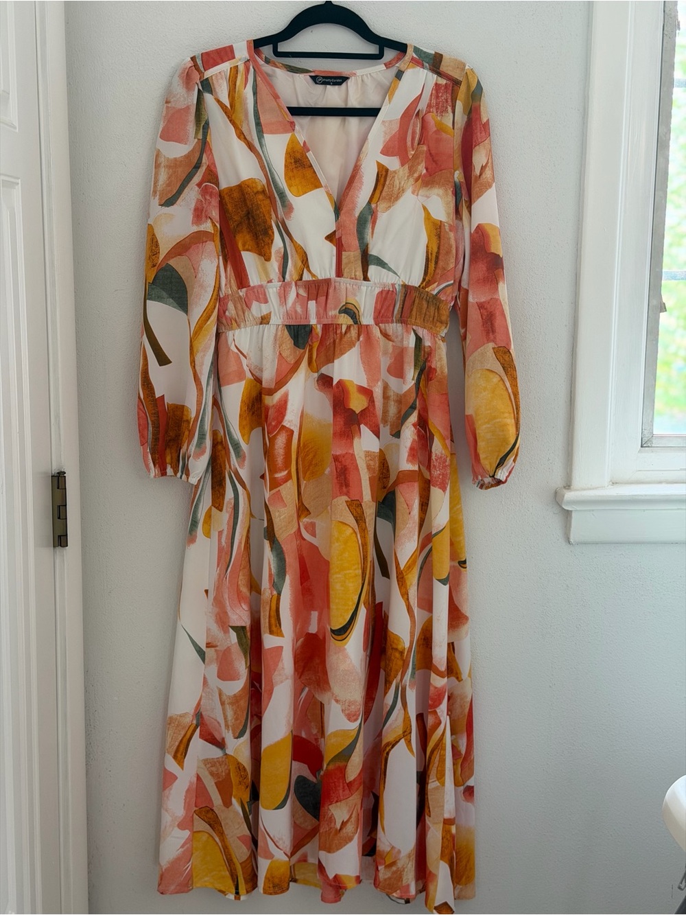 Pretty Garden Flowing Maxi Dress in Coral & Mustard Abstract Print
